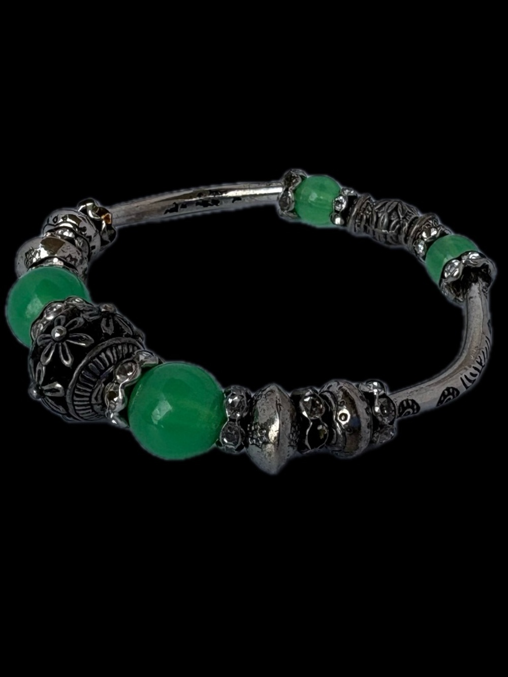 Translucent Green Agate Aesthetic Antique Silver Bali Ethnic Bangle Bracelet